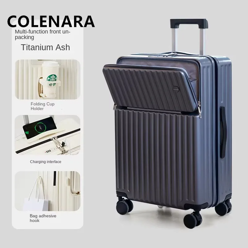 COLENARA Cabin Suitcase 20" Boarding Case 22"24" Front Opening Trolley Case 26"28" Multi-functional USB Charging Suitcase