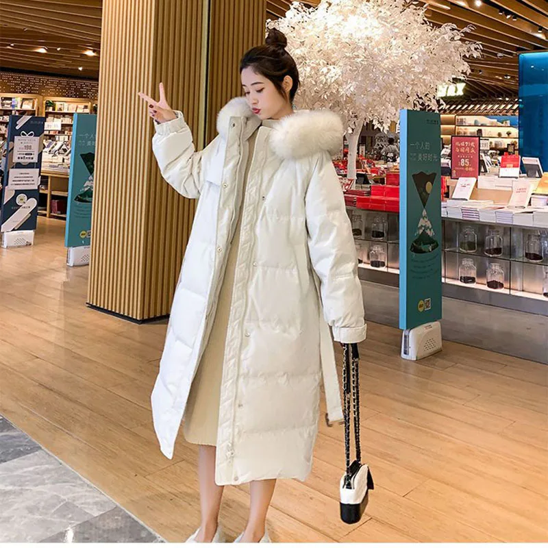 

Fashion Belt White Duck Down Down Jacket 2023 Autumn Winter Warm Women Down Jacket Hooded Imitation Fox Fur Plush Thicken Coat