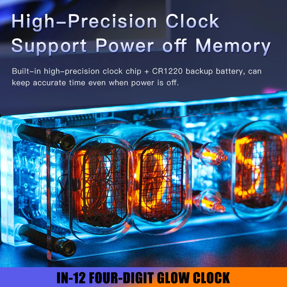 4-bit IN-12 Glow Tube Clock IN12 Nixie Clock Base Gift Ambient Lighting Computer Desktop Accessories Advanced Version DC5V ﻿