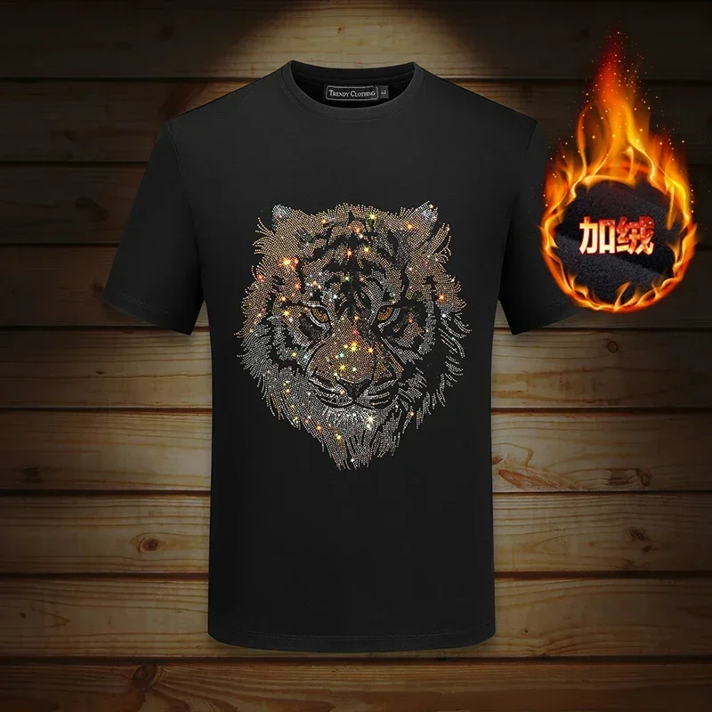 

Футболки больших размеров со стразами для мужчин, зимняя одежда, уличная одежда, толстые бархатные футболки с короткими рукавами и круглым вырезом, Camisetas