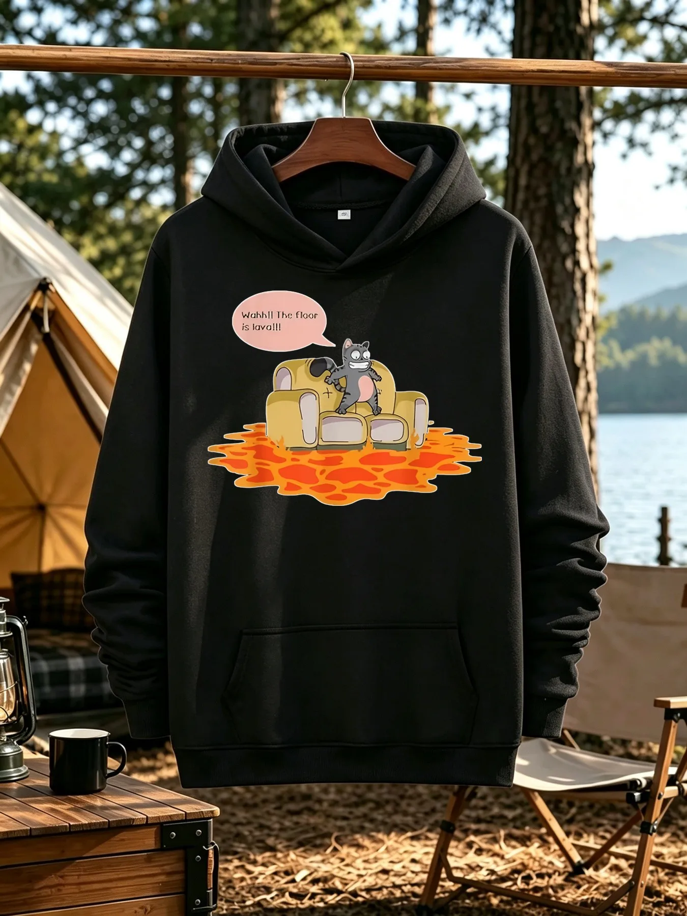 Men's Hooded Sweatshirt with a Volcanic Lava Print Design Featuring a Cat Lying on a Sofa, Perfect for Cat Lovers and Pranksters, Casual Basic Style, Loose Fit, Suitable for Everyday Outdoor Wear in Autumn and Winter