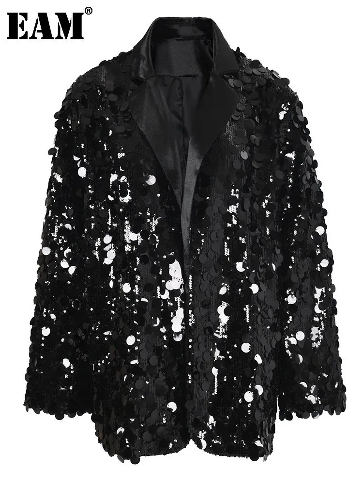 [EAM] Black Sequins Shining Big Size Casual Jacket New Lapel Long Sleeve Women Coat Fashion Tide Spring Autumn 2025 CPG1020