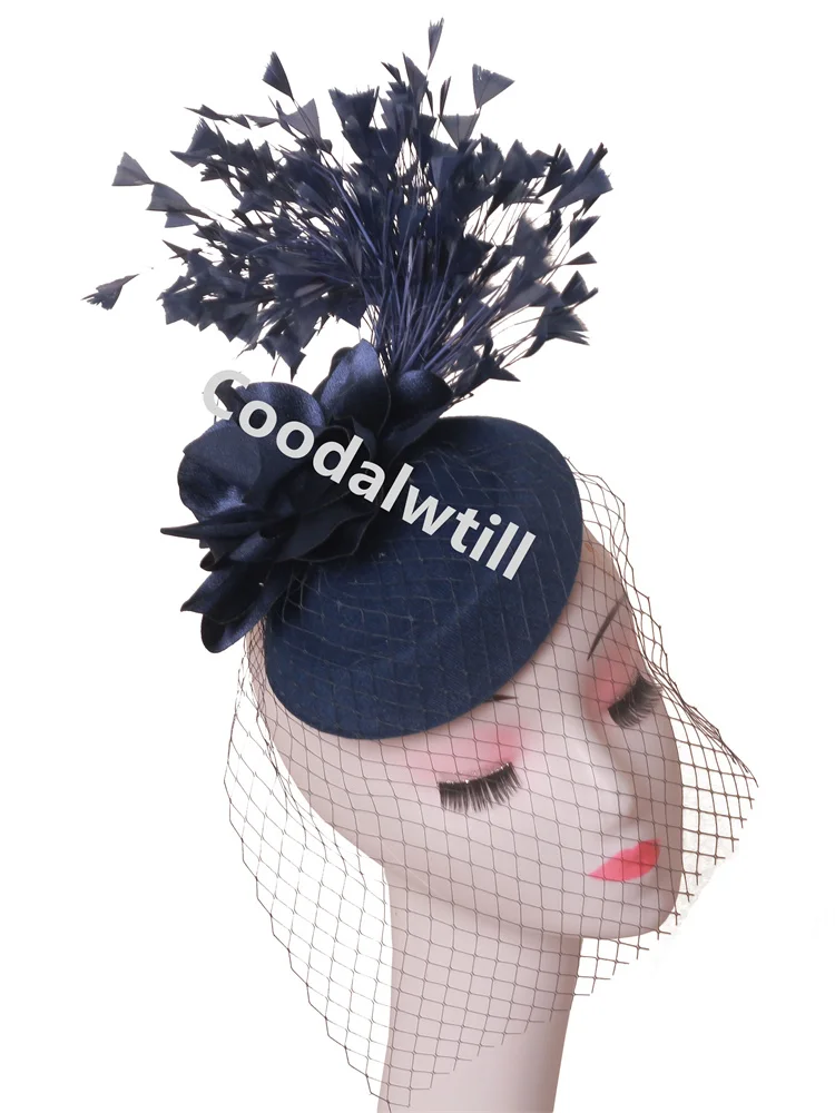 

Navy Veils Wedding Pillbox Fascinator Hat Headband Women Bride Party Tea Mesh Chapeau Cap Bride Ladies Wedding Hair Accessories