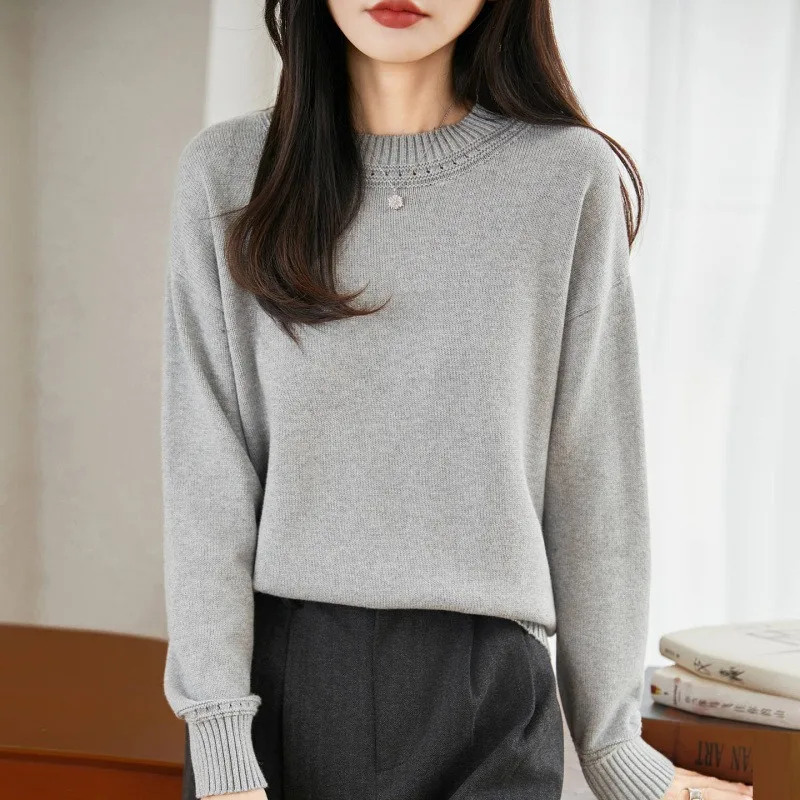 New Loose and Warm Base Layer for Women's French Round-neck Sweater Made of Pure Cotton Knitted Sweater　pure Color　Relaxed Fit