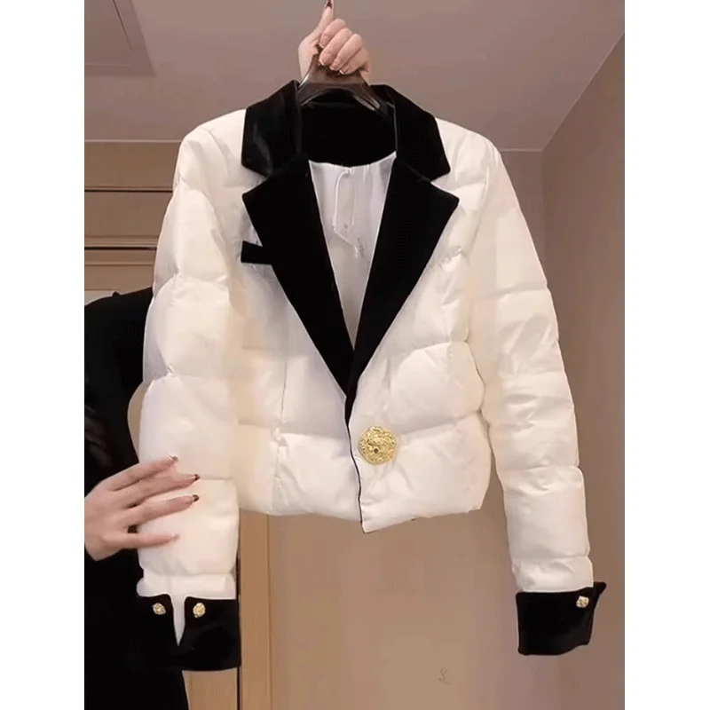 

Women's 2025 Winter Jacket Notched Collar White Short Padded Coat Office Wear Luxury Elegant Professional Style Outerwear