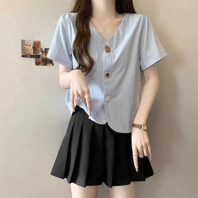 

New Chinese-style Summer New Women's Blouse Casual Versatile Button Cardigan V-neck Short-sleeved Top