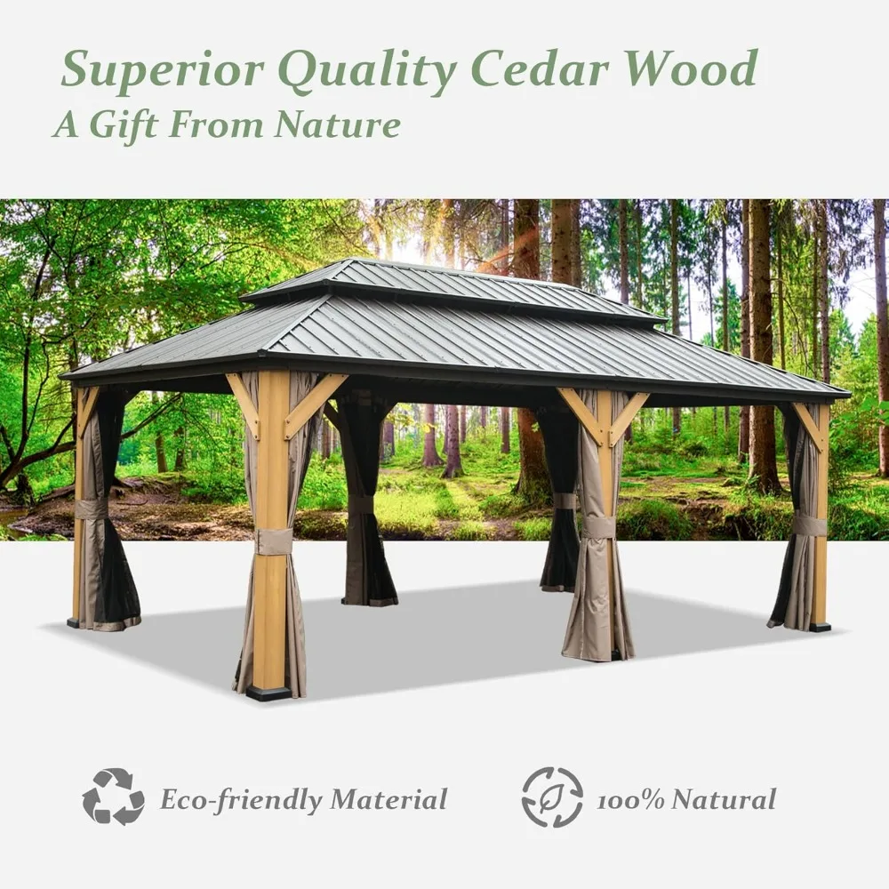 12x20 Foot Outdoor Pavilion with Cedar Wood Frame and Hardtop, Featuring A Galvanized Steel Roof, Mesh, and Curtains