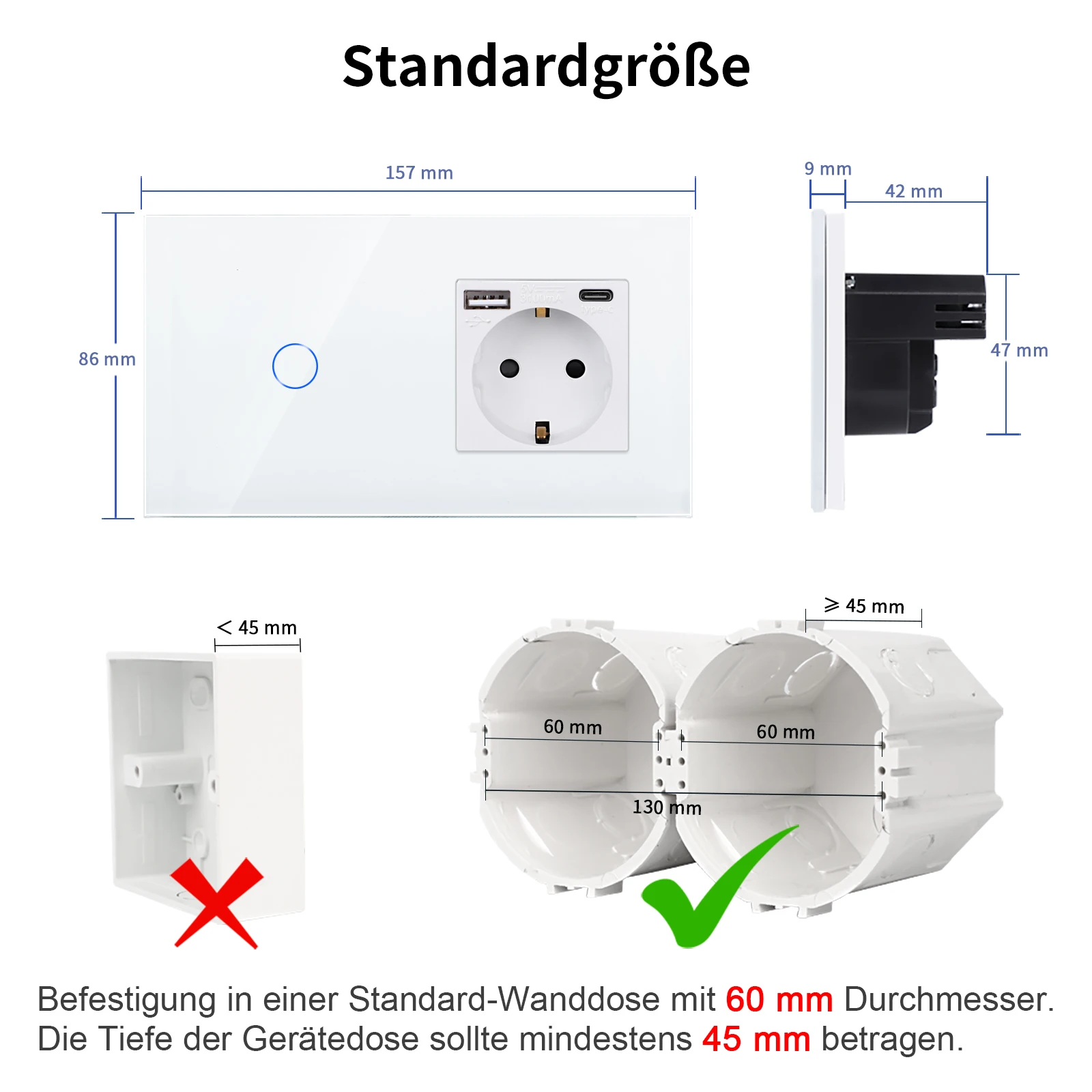 Dajimei Usb Type-C Interface Outlet Enkele Dubbele Eu Socket Met Wandlamp Touch Schakelaar 1/2/3/4Gang 1/2way Glazen Paneel