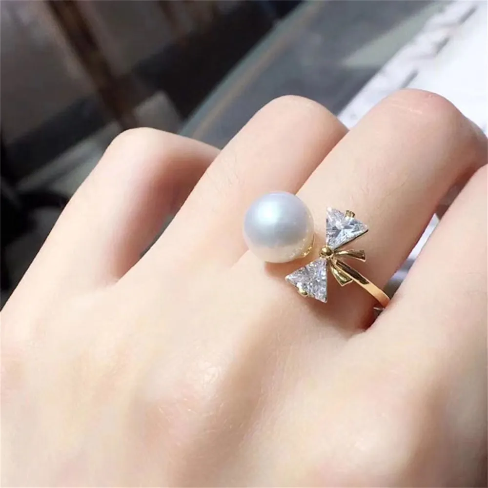 

DIY Pearl Ring Accessories S925 Silver Adjustable Bow Ring with Hollow Bracelet Fit 7-8mm Round Flat Beads Z104