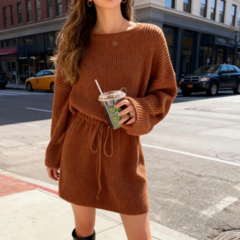 NEW Chic Autumn Winter Crew Neck Knitted Long Women Wide-leg Sleeved Jumpsuit Shorts Drawstring Rompers Slim Korean Outfit