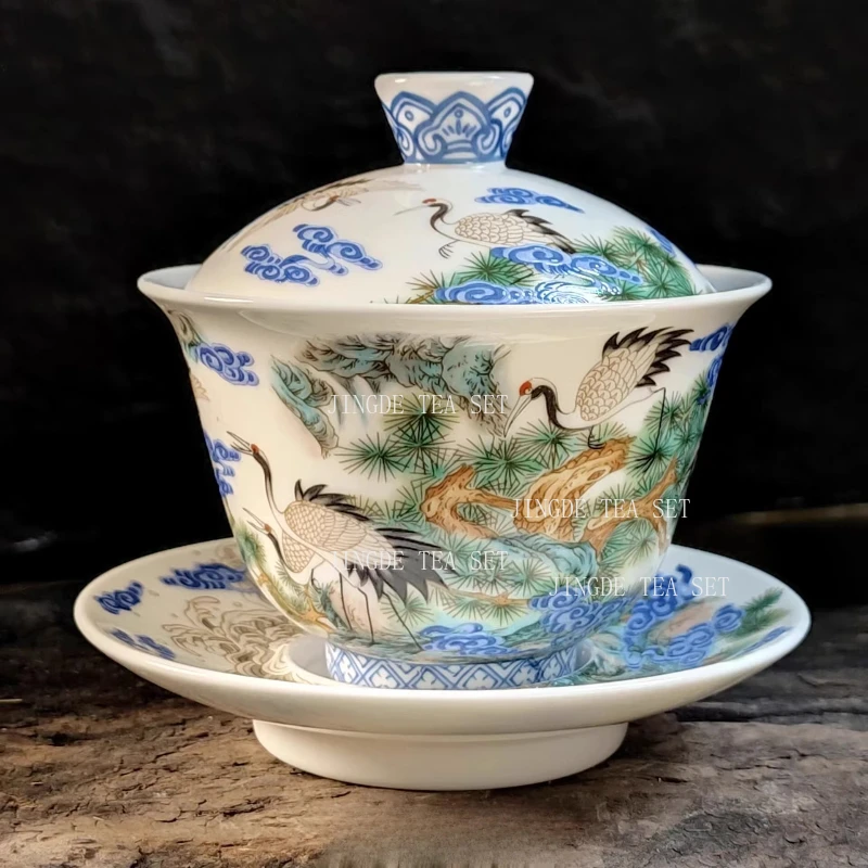 

170ml Yixing Crane Enamel Covered Bowl Household Ceramic Triple Cap Bowl Tea Bowl High End Tea Set Tea Set Accessories