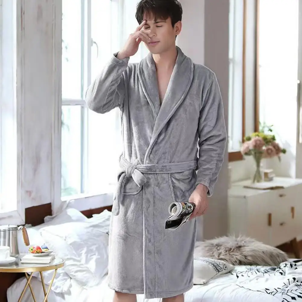 

Bath Robe Flannel Bathrobe with Belt Pockets Knee-length Long Sleeve Loungewear Soft Solid Color Robe for Nightwear Relaxation
