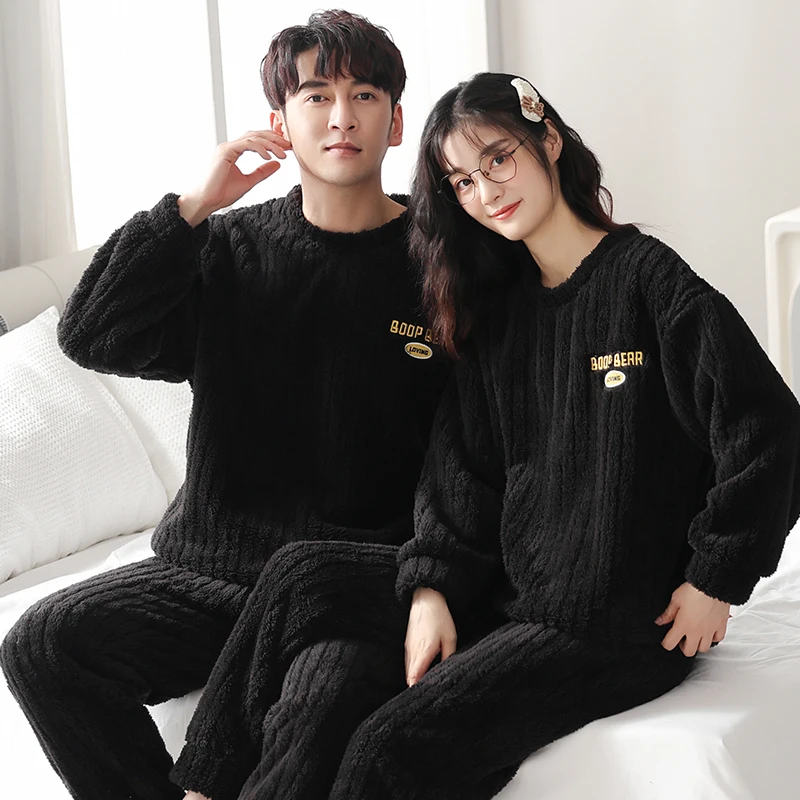 High Quality Winter Couple Pajama Set Women Men Warm Sleepwear Thick Flannel Solid Pyjamas