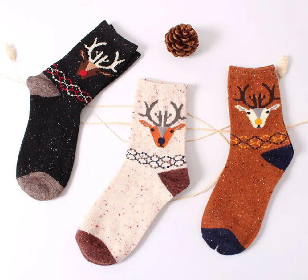 3 Paar/Set Vintage Dicke Kaninchenwollsocken für Damen Retro Winter Harajuku Tiermotive Eule Hirsch Katze Elefant Niedlich Süß – Detail 15