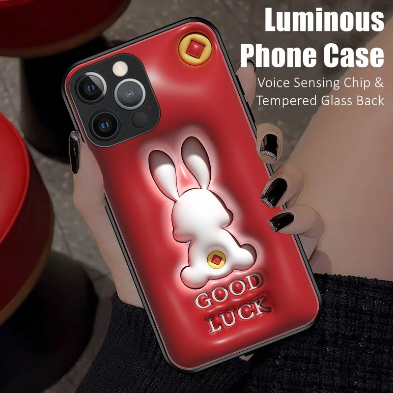 

Dilated Rabbit Voice Sensing LED Light Glowing Luminous Phone Case for iPhone 11 12 13 14 15 X Xs Xr Mini Pro Max Plus Cover