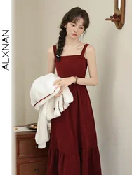 ALXNAN Sweet Halter Dresses for Women Autumn Winter 2024 Elegant Red Square Neck Sleeveless Retro Dress Sold Separately LXN32938