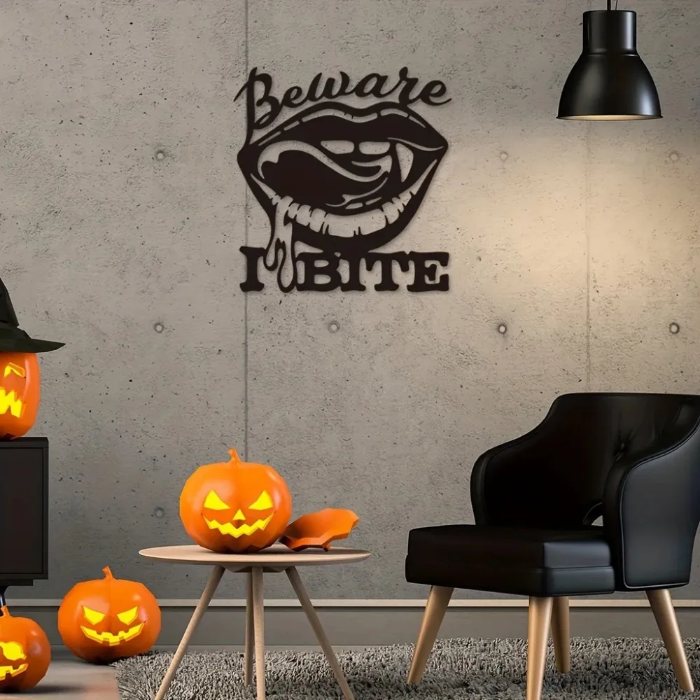 Gothic Vampire Lips Metal Wall Art Beware I Bite Halloween Spooky Decor Bedroom Wall Hanging Home Decoration Ornament