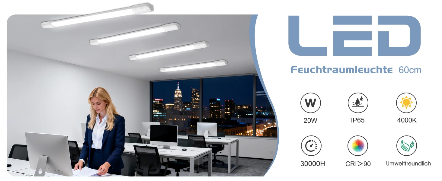 2/4 Stück 60 cm LED-Röhrenleuchte 20 W, 4000 K 2200 lm IP65 wasserdicht, verbindbare LED-Deckenleuchte für Garage, Werkstatt, Keller – Detail 1
