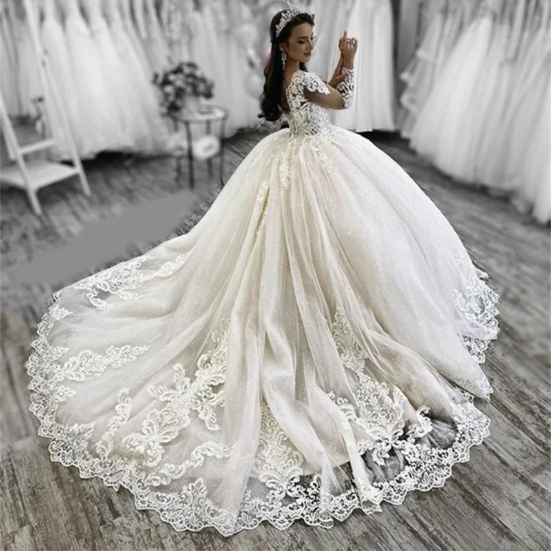 Customzied 2024 Luxury Lace Wedding Dresses Ball Gown V Neck Long Sleeves Appliqued Tulle Chapel Bridal Gown Custom Made Robes