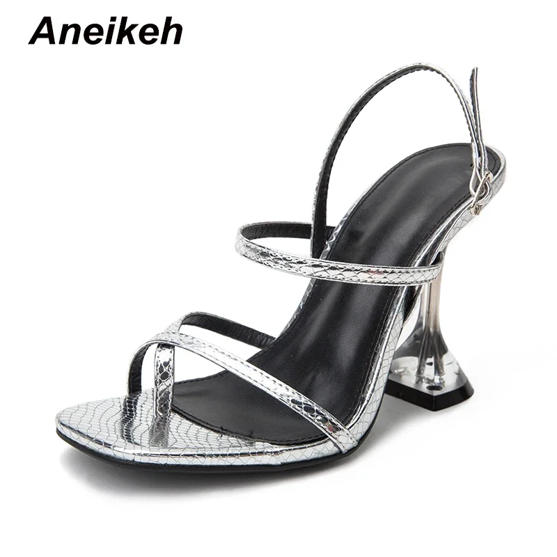 Aneikeh Silvery Gladiator klamra wysokie sandały na obcasie damskie letnie Sandalia seksowne skórzane 2024 Party buty damskie Zapatos De Mujer