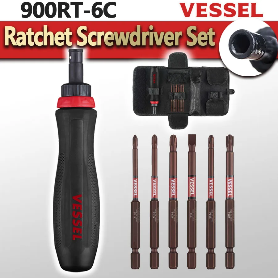 

VESSEL 8Pc Ratchet Screwdriver Set Non-Slip Ergonomic Handle Impact Rated 1/4'' Bit Holder with Bit Set and Tool Bag NO.900RT-6C
