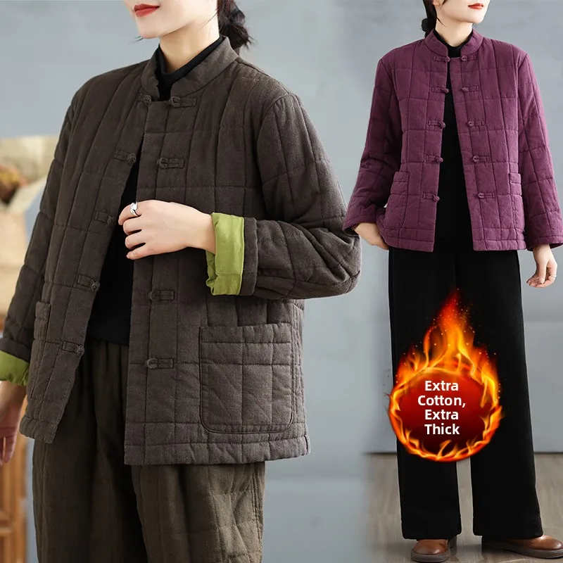 

Women's Winter Thiened Cotton Jaet Warm Outerwear New Chinese Sle plus Size Slimming Top Coat Long Sve Regular Length
