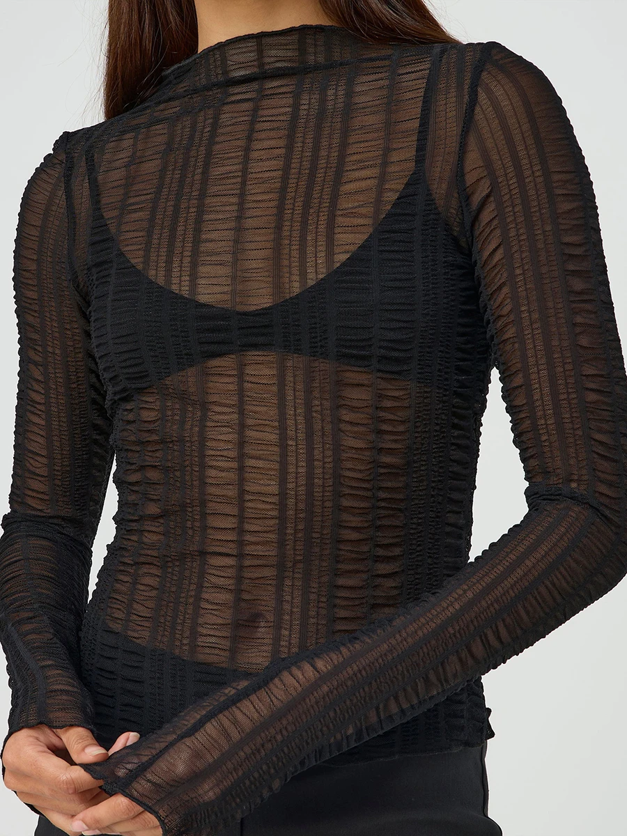 

Lace Transparent Sexy T-shirt Women Summer O Neck Slim Solid Color Long Sleeve Top Tees Elegant Fashion Vintage Thin Cover-ups