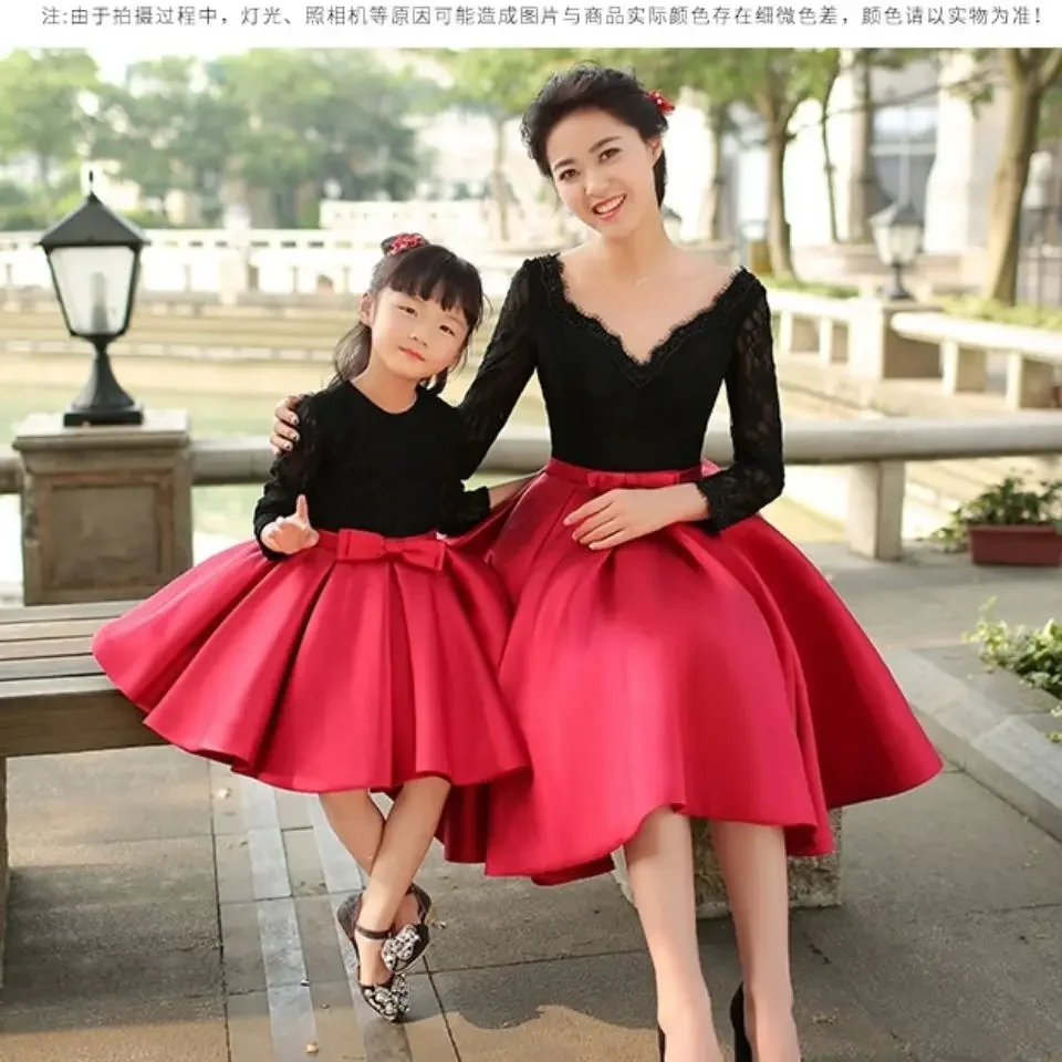 Elegant Mother Daughter Dress Patchwork Lace Mom Kid Matching Dresses Girls Princess Fist Communion Mom Kid Matching Dress