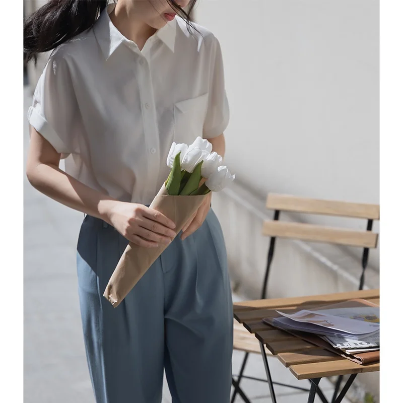 

Elegant White Short Sleeve Shirt for Women Fashionable Commute Style Spring Autumn Top Polyester Viscose Blend Summer New Arr...