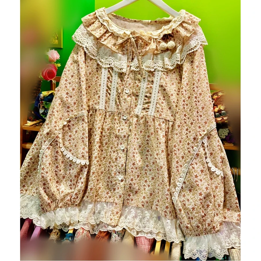 

Autumn Cotton Sweet Kawaii Cute Ruffled Lace Shirt Women Shabby Chic Vintage Mori Girl Lolita Casual Cottagecore Korean Blouse