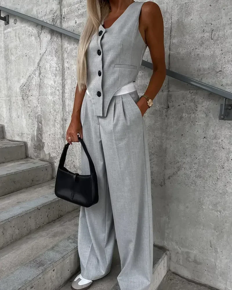 Autumn Two Piece Set for Women 2023 Fashion Sleeveless Striped Vest Blazer Top and Ruched Wide Pants Set for Office Lady Suit