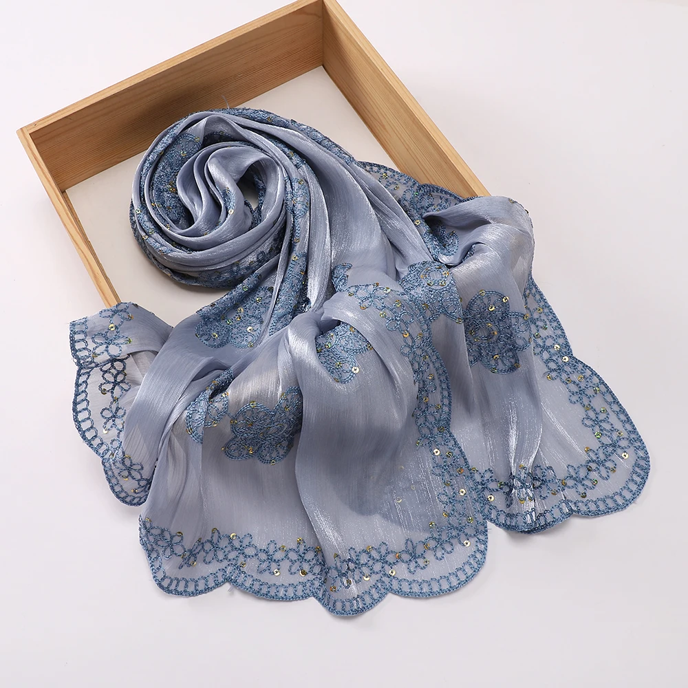 Funkelnder Pailletten-Bestickter Hijab Glitzer-Schimmer-Schal Muslimischer Kopfschmuck für Hochzeiten Weicher Satin-Muslimischer Schal für Frauen – Detail 8