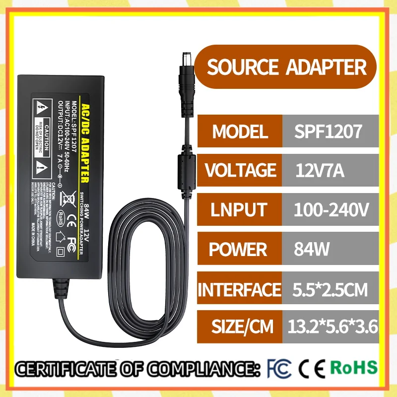 

1PCS DC SPF-1207 12V7A power adapter, switch transformer socket 5.5 x 2.5mm, Suitable for LED light strips, lights, cameras