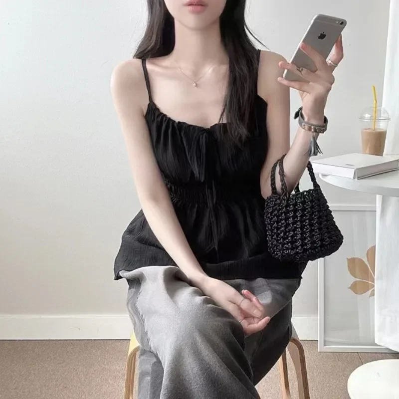 

Women's Casual Sexy Slimming ort Top Strap Vest Korean Sle Lazy Feelings Waist Cinching Ties Pleated Chiffon Blouse