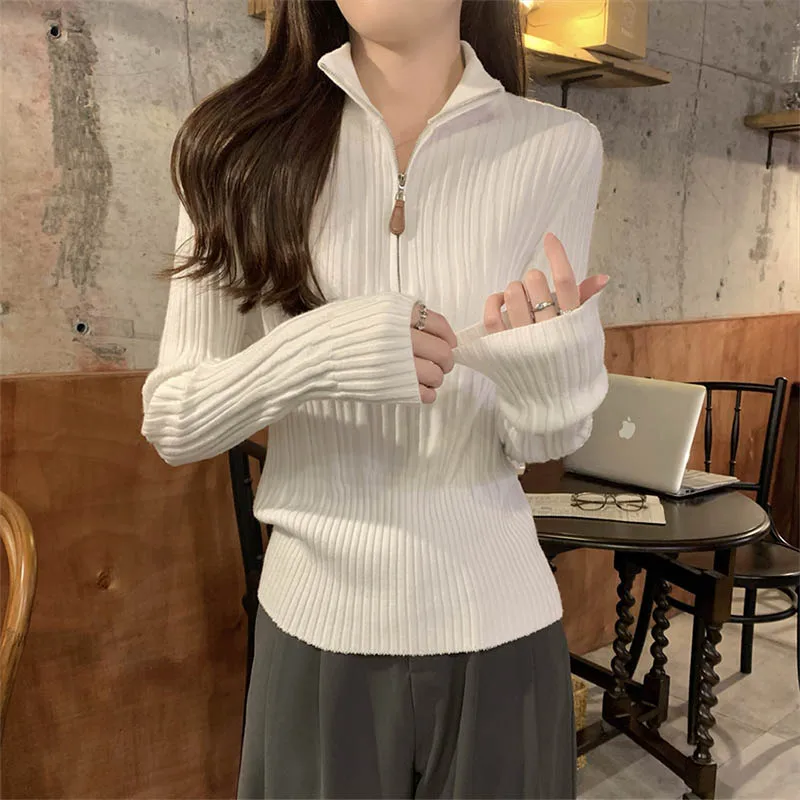 

Women's Clothing Fashion Elastic Slim Half High Neck Knitted Sweaters Autumn Winter Vintage Simple Commute Zipper Pullovers