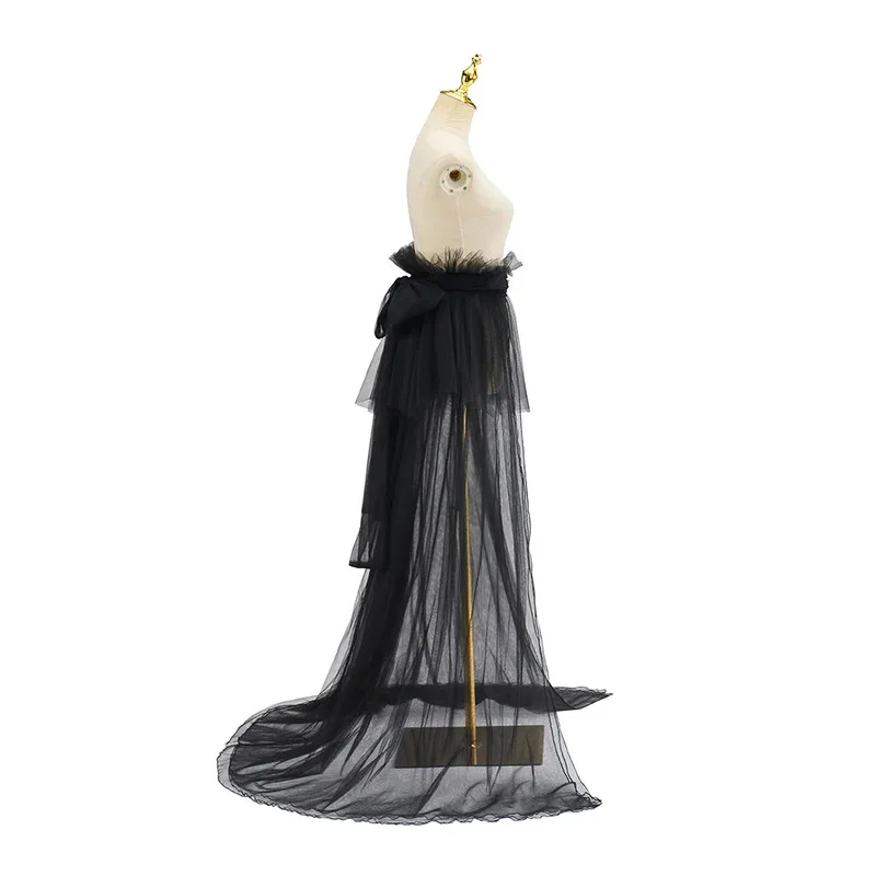 

asdh8@Medieval Black Detachable Tulle Skirt Women's Gothic Vampire Mesh Overskirt Long Train Wedding Ball Gown Halloween Party C