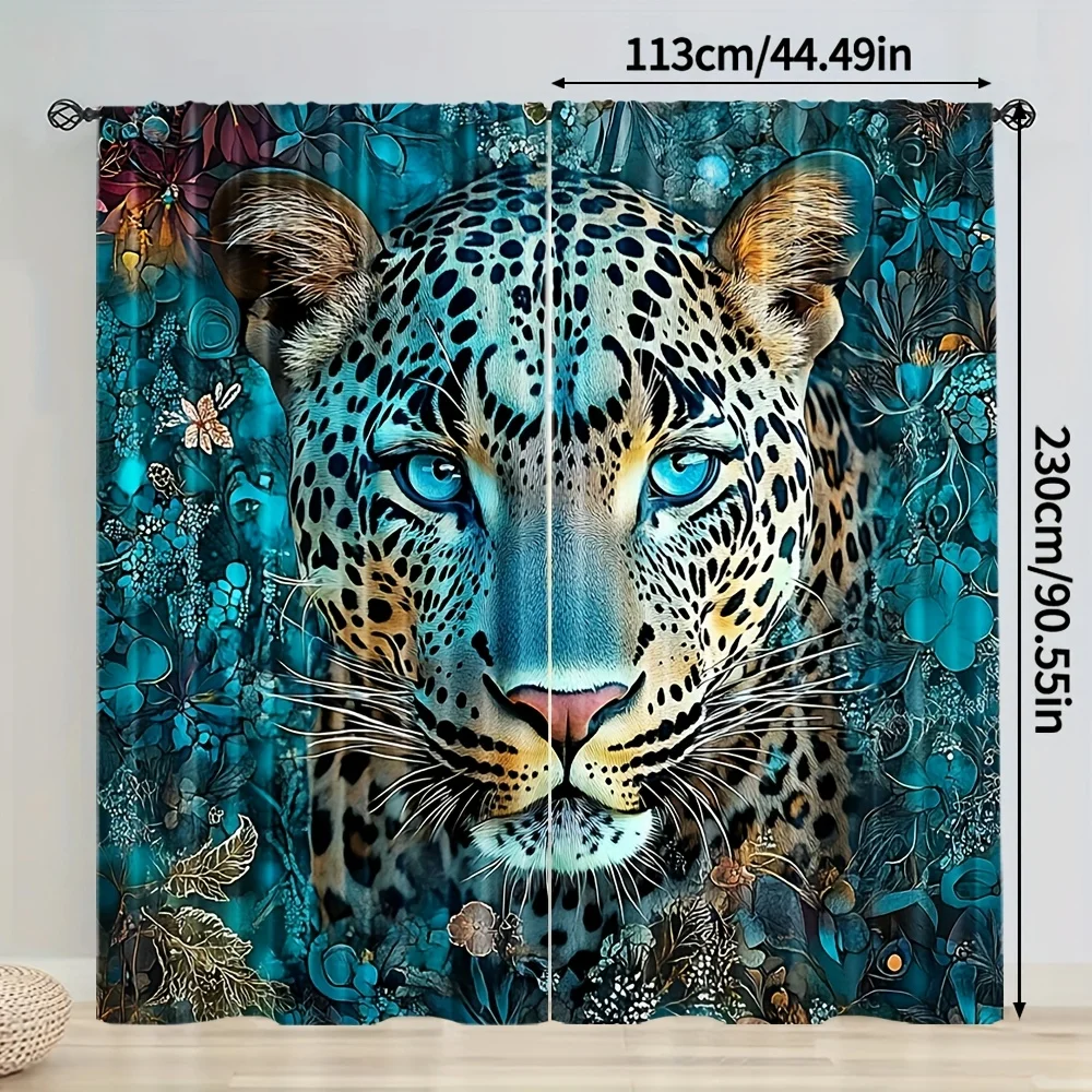 2 Panels Blue Leopard Printed Curtains Teal Jaguar Animal Pattern Polyester Living Room Bedroom Window Drapes Home Decor