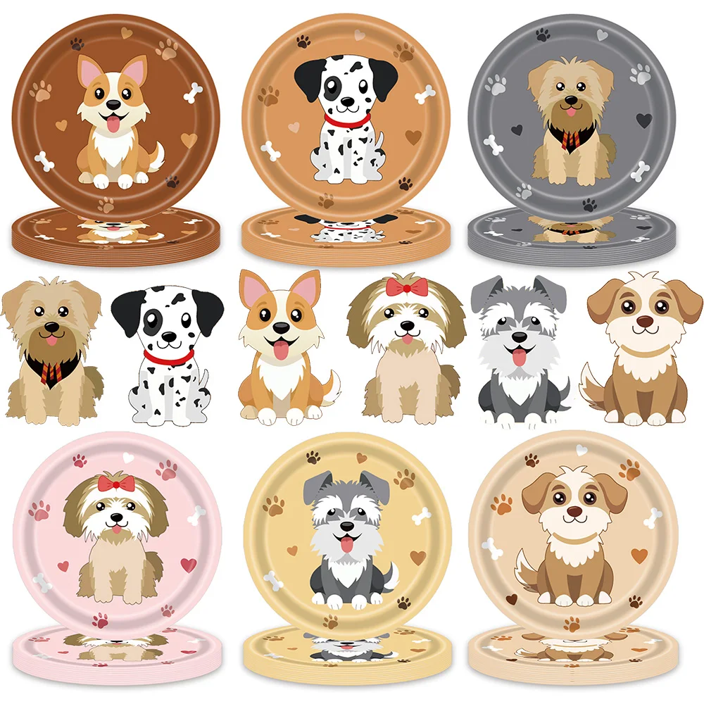 Platos de fiesta de cumpleaños para perros, vajilla desechable dálmata Corgi Schnauzer para tema de pata, suministros de vajilla para celebración de mascotas