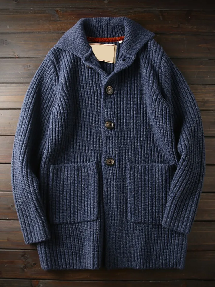 Winter Men Thick Wool Knit Coat Single Breasted Vintage Lapel Collar Business Casual Warm Sweater Cardigan Italy Woolen Knitwear