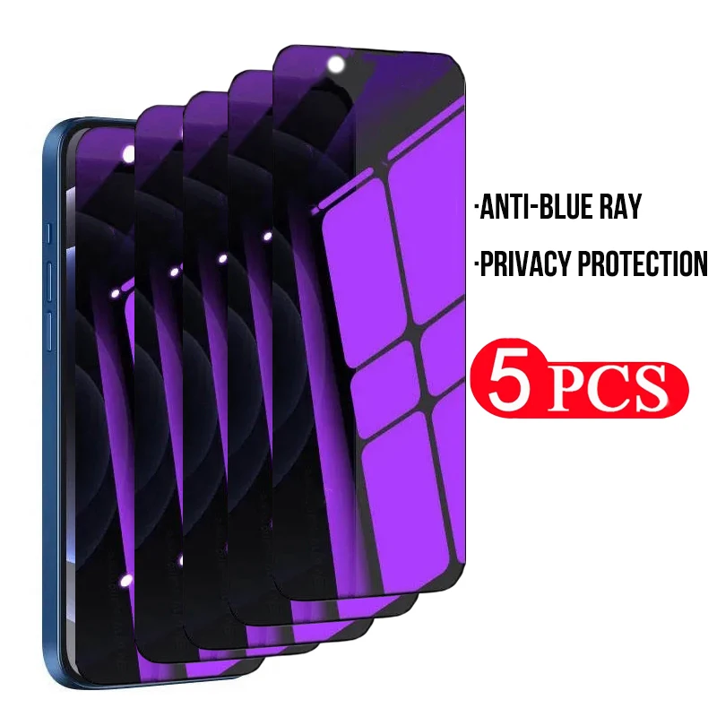 5Pcs Anti-Blue Light Privacy Screen Protector For IPhone 15 14 13 12 Mini 11 Pro XR XS Max Anti-Peeping Protective Glass Film