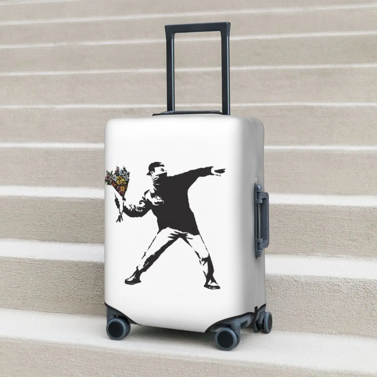 

Banksy Graffiti Protest Anarchist Throwing Flowers Thrower Make Art Not War Suitcase Cover Protection Luggage Protector Cover