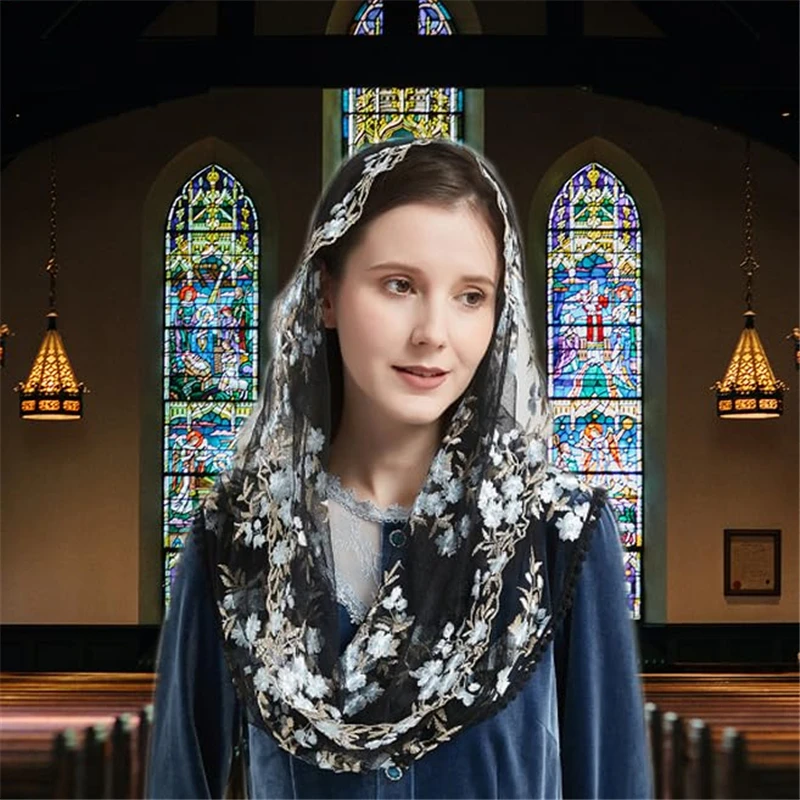 Infinity Mantilla Veils Catholic White Black Tulle For Mass Church Prayer Head Covering Vintage Chapel Blue Embroidered Flowers