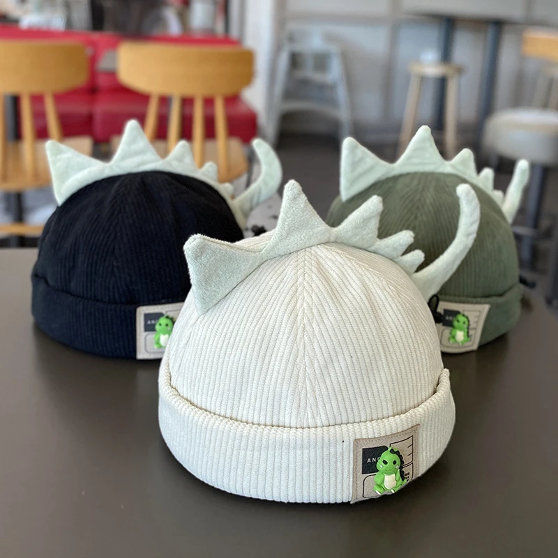 Cute Dinosaur Baby Brimless Hat Winter Corduroy Infant Melon Cap 3D Cartoon Adjustable Drawstring Kids Beanie Caps