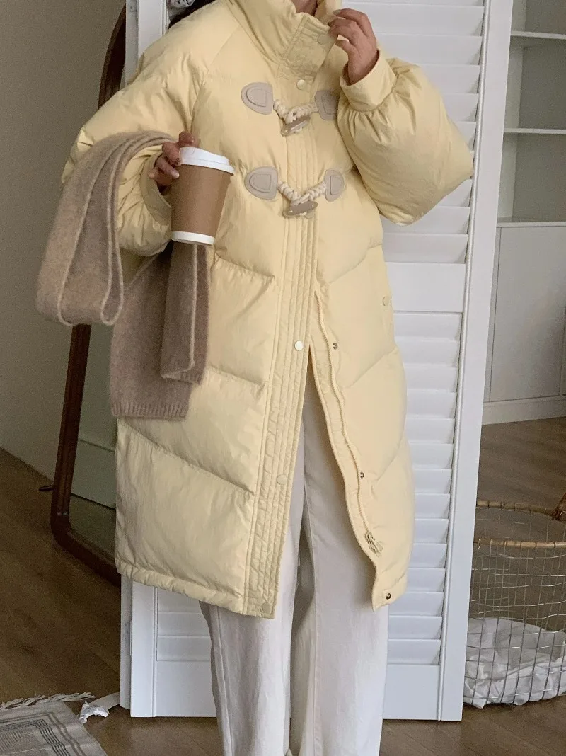 

for Women Winter Coat New Solid Color Loose Horn Button Mid Length Parka Coat Women Clothing Fashion Korean Cotton Down Jacket