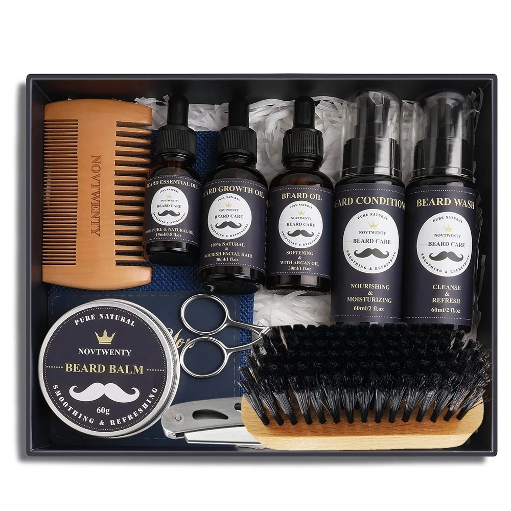 12pcs Beard Care Set Beard Serum Oil Balm Beard Comb Bristle Brush Scissors Beard Oil Beard Growth Set Men Beard Care Kit