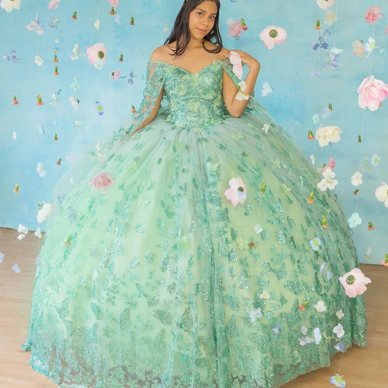 

Sage Green Off The Shoulder 15 Quinceanera Dresses Lace Bow With Cape Evening Dresses Puffy Party Dress Crystal Beading Ball Gow