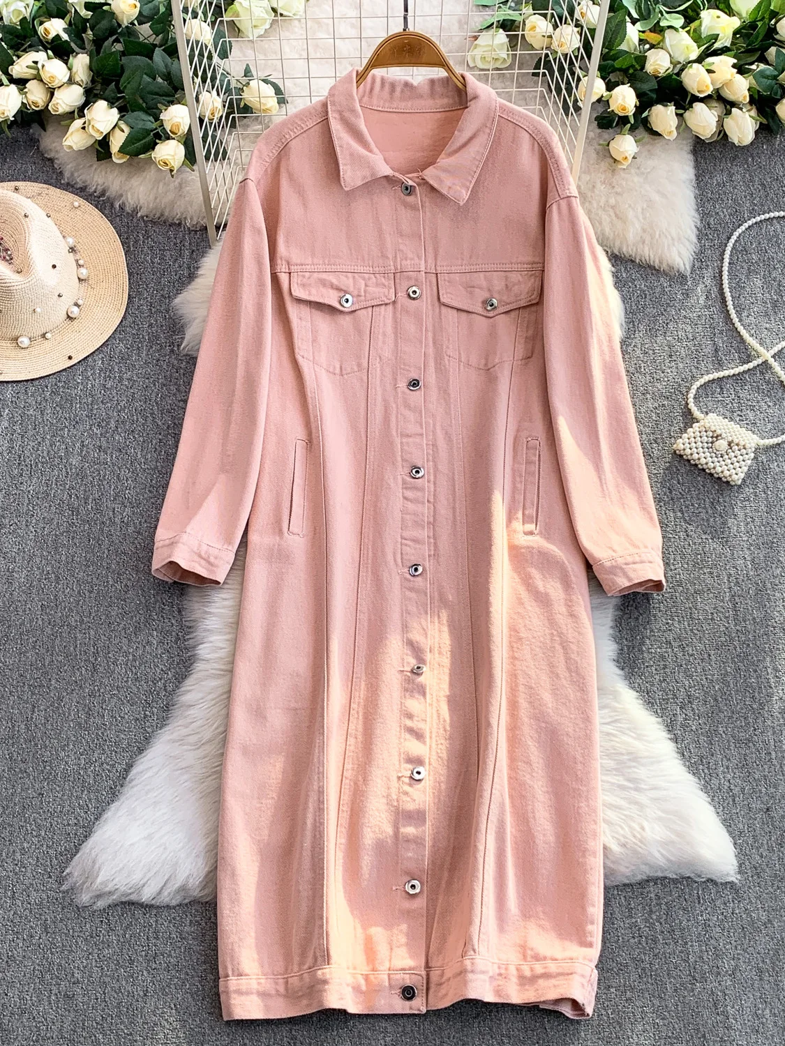 SuperAen Pink Single-breasted Denim Dress for Women 2025 Autumn New Korean Style Loose Long Dresses