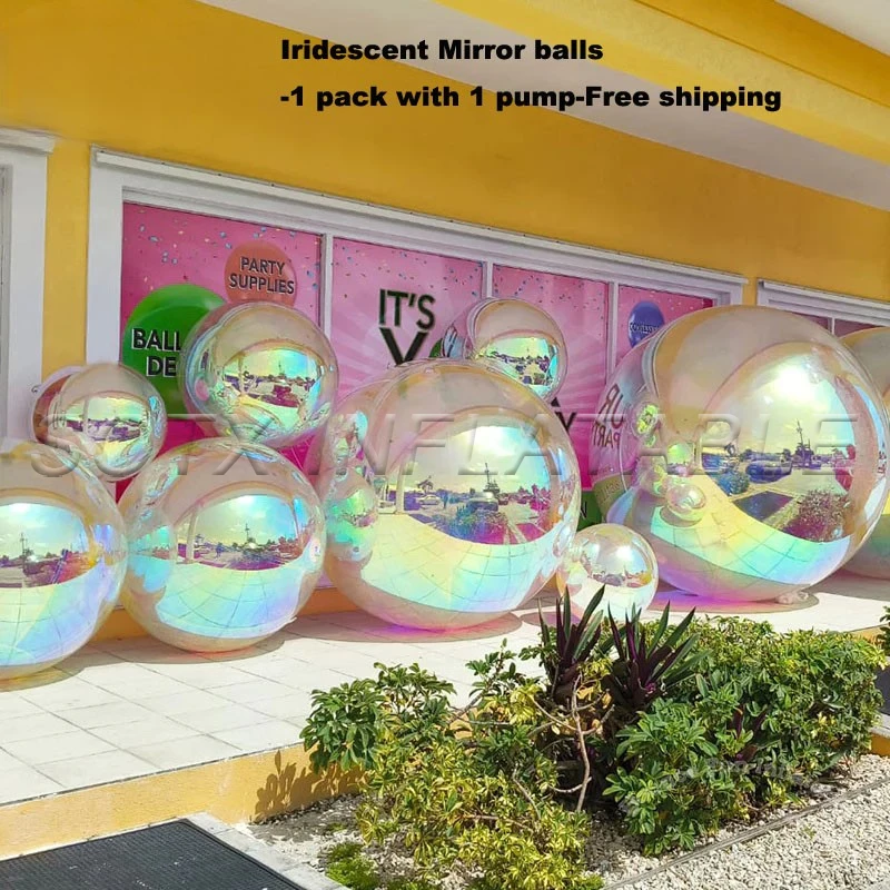 Party Decoration Iridescent Inflatable Mirror Ball Set Reusable Mirror Sphere Rainbow Big Shinny Bubble Balloons Hanging