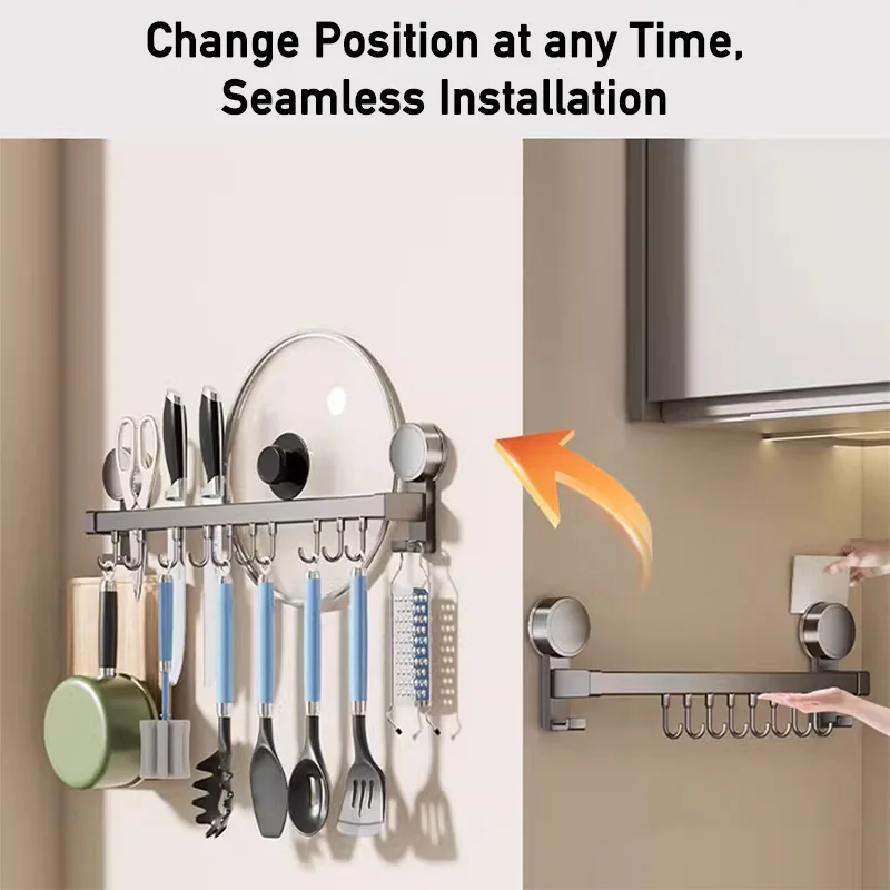 Wall Mounted Kitchen Hook Rack No-Punching Wall Hangers Rail Kitchen Utensils Rack Spoon Shovel Chopping Board Storage Rack