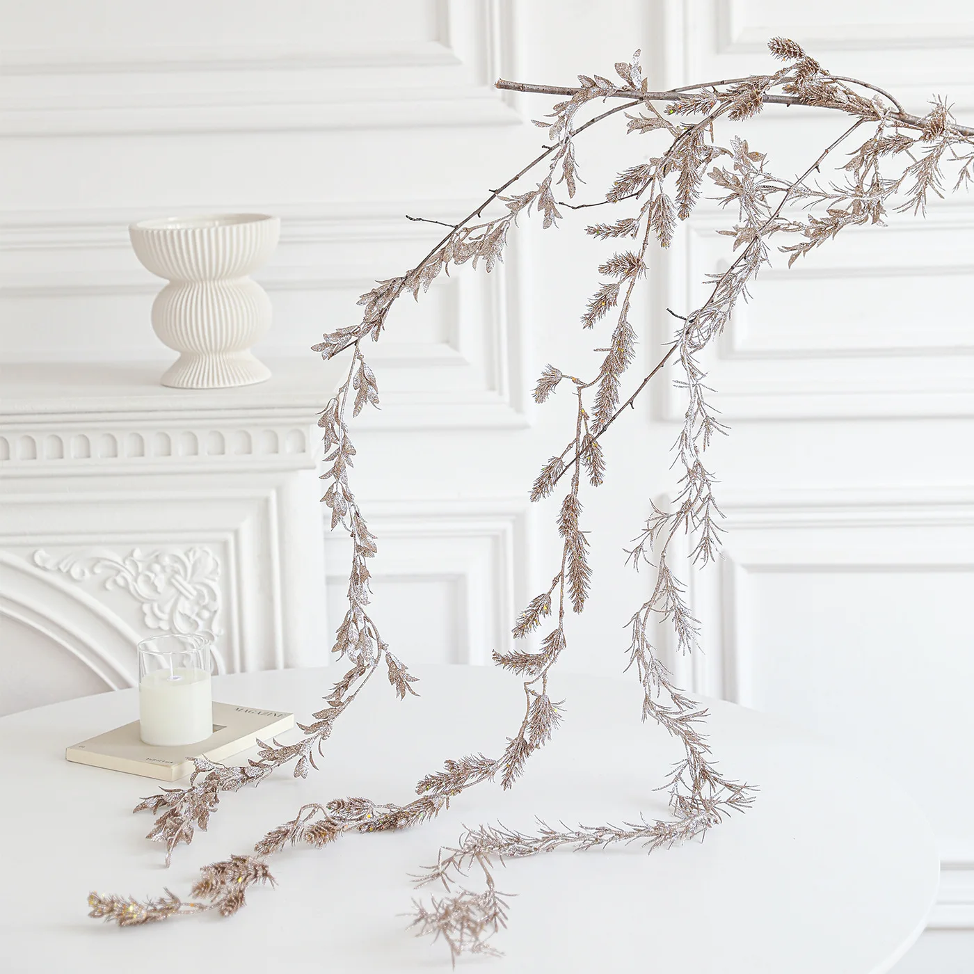 

180cm Christmas Simulation Rattan Leaves Branches Champagne White Sticky Powder Gold Dust Christmas Tree Atmosphere Decoration